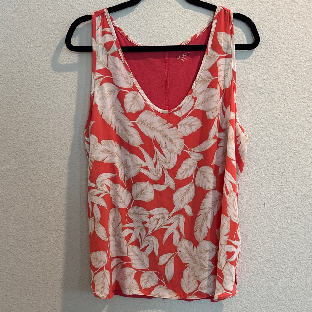 LOFT Coral and White Leaf Print Tank Top